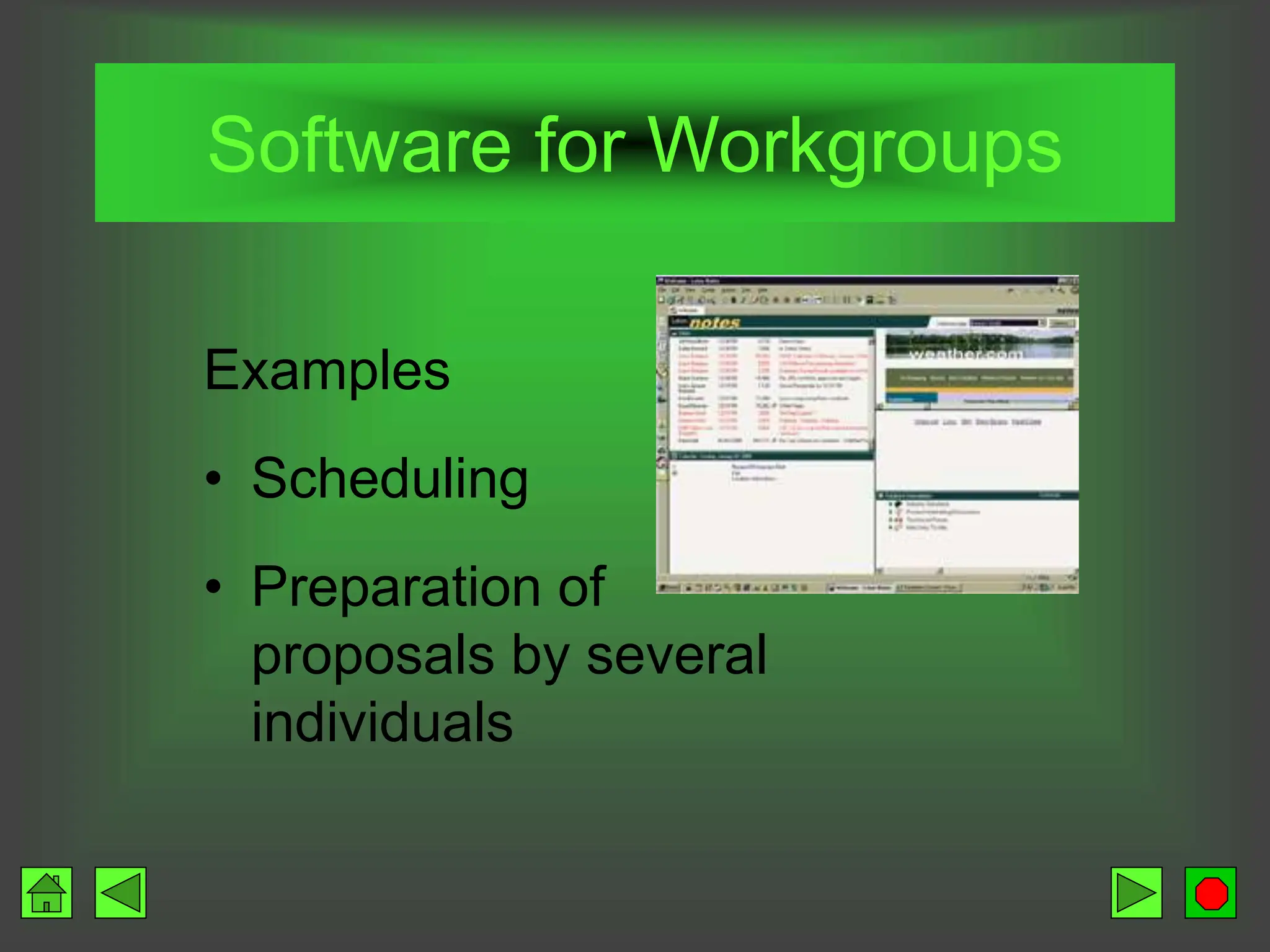 Software for Workgroups
Examples
• Scheduling
• Preparation of
proposals by several
individuals
 
