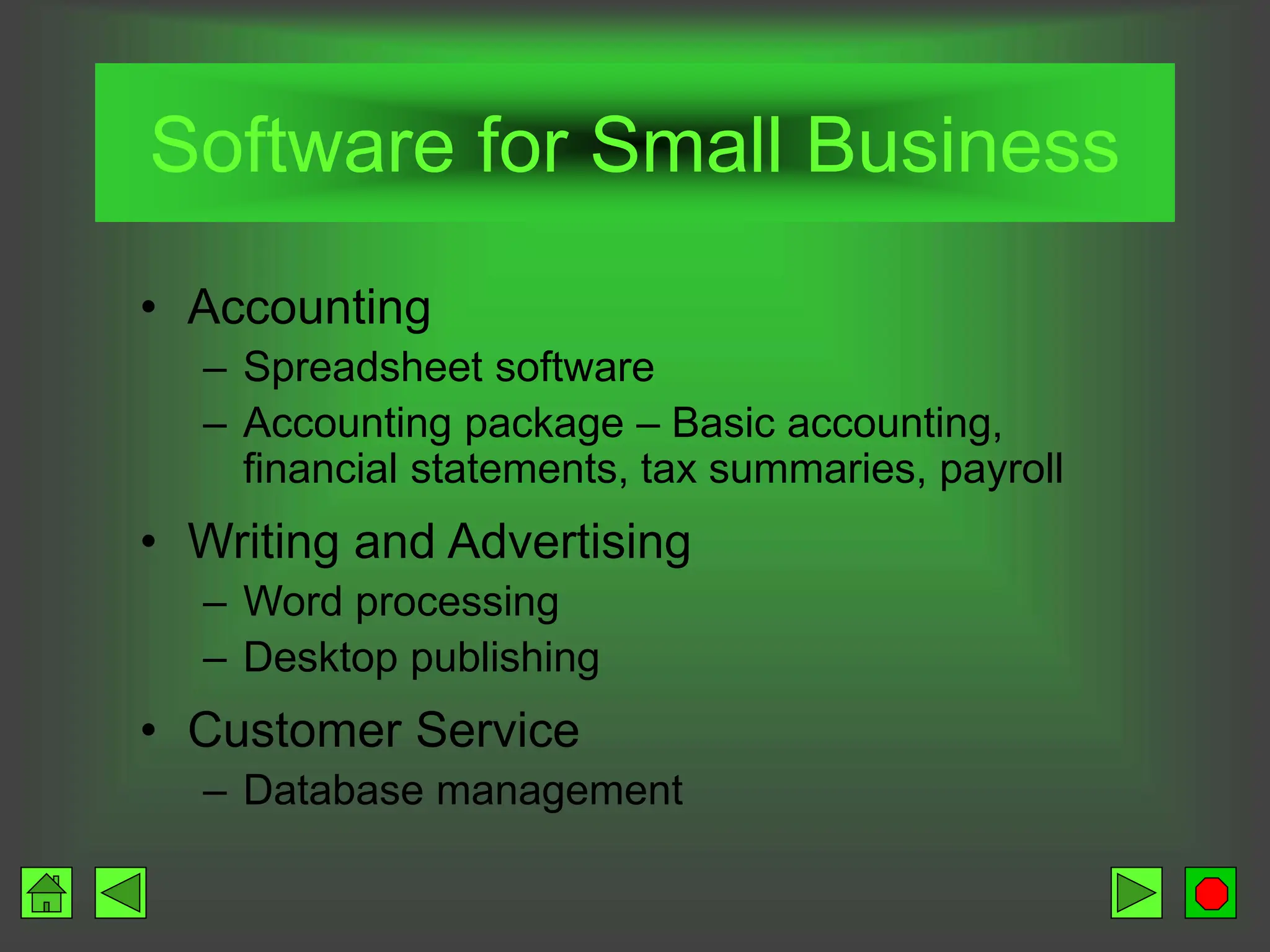 Software for Small Business
• Accounting
– Spreadsheet software
– Accounting package – Basic accounting,
financial statements, tax summaries, payroll
• Writing and Advertising
– Word processing
– Desktop publishing
• Customer Service
– Database management
 