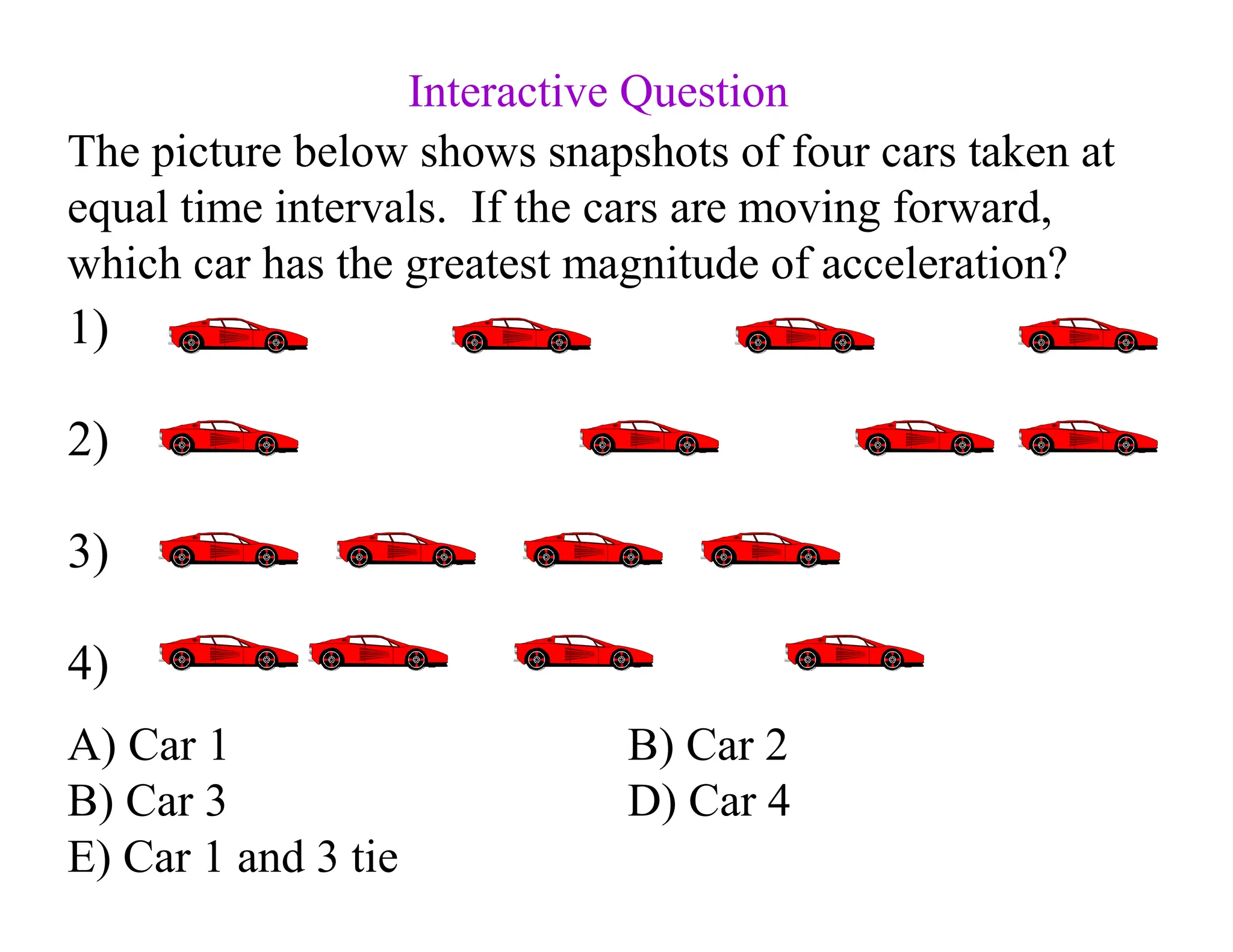 The picture below shows snapshots of four cars taken at
equal time intervals. If the cars are moving forward,
which car has the greatest magnitude of acceleration?
A) Car 1 B) Car 2
B) Car 3 D) Car 4
E) Car 1 and 3 tie
1)
2)
3)
4)
Interactive Question
 