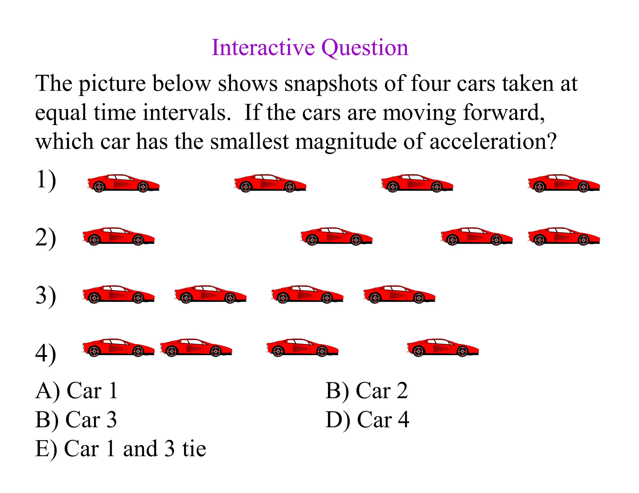The picture below shows snapshots of four cars taken at
equal time intervals. If the cars are moving forward,
which car has the smallest magnitude of acceleration?
A) Car 1 B) Car 2
B) Car 3 D) Car 4
E) Car 1 and 3 tie
1)
2)
3)
4)
Interactive Question
 