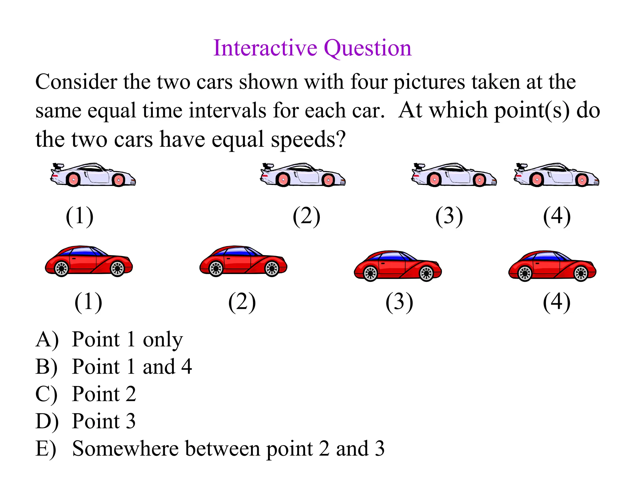 Consider the two cars shown with four pictures taken at the
same equal time intervals for each car. At which point(s) do
the two cars have equal speeds?
A) Point 1 only
B) Point 1 and 4
C) Point 2
D) Point 3
E) Somewhere between point 2 and 3
Interactive Question
(1) (2) (3) (4)
(1) (2) (3) (4)
 