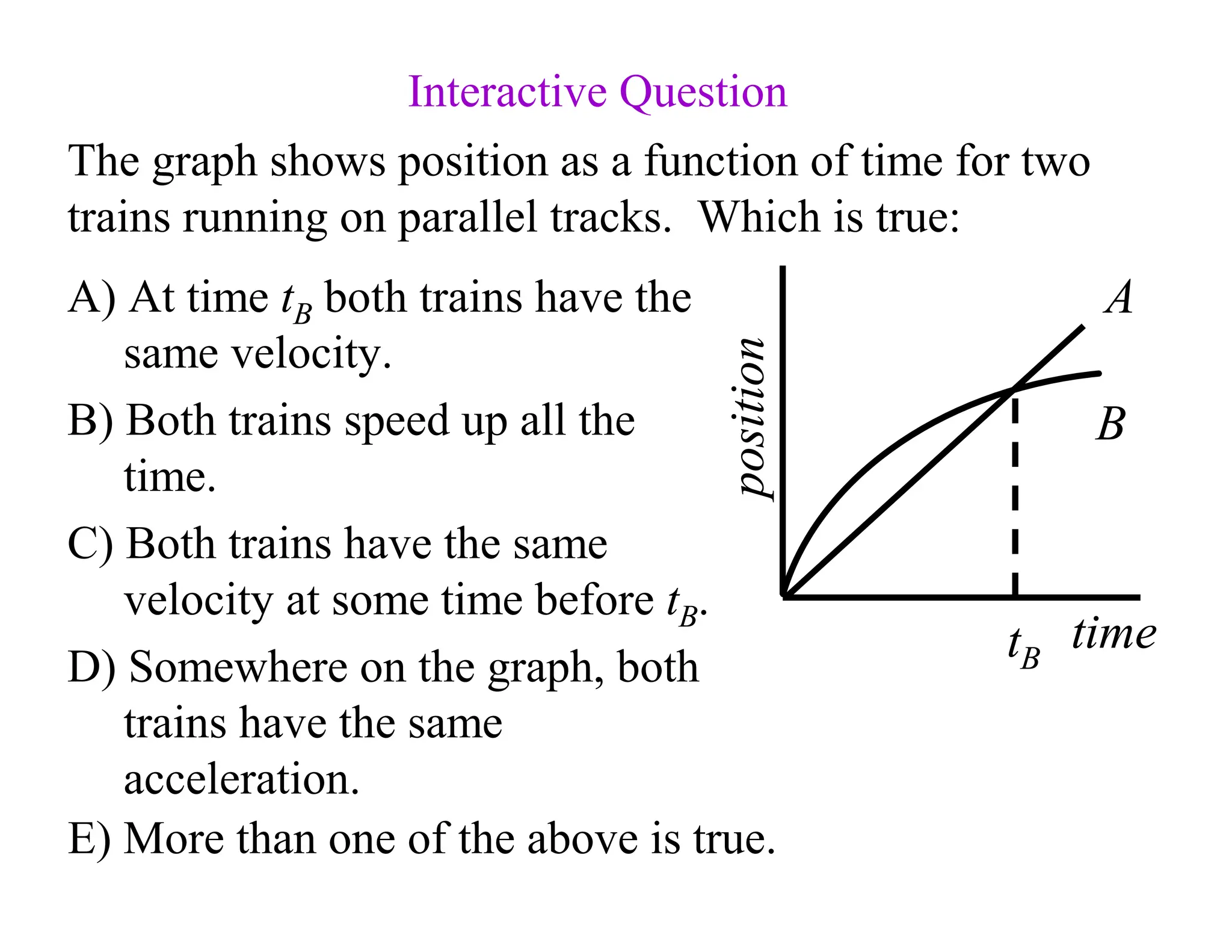 The graph shows position as a function of time for two
trains running on parallel tracks. Which is true:
A) At time tB both trains have the
same velocity.
B) Both trains speed up all the
time.
C) Both trains have the same
velocity at some time before tB.
D) Somewhere on the graph, both
trains have the same
acceleration.
position
tB
time
A
B
Interactive Question
E) More than one of the above is true.
 