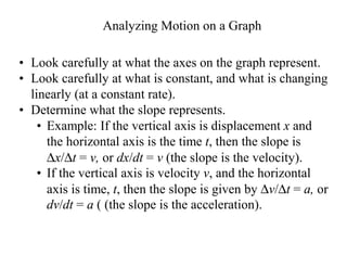 • Look carefully at what the axes on the graph represent.
• Look carefully at what is constant, and what is changing
linearly (at a constant rate).
• Determine what the slope represents.
• Example: If the vertical axis is displacement x and
the horizontal axis is the time t, then the slope is
∆x/∆t = v, or dx/dt = v (the slope is the velocity).
• If the vertical axis is velocity v, and the horizontal
axis is time, t, then the slope is given by ∆v/∆t = a, or
dv/dt = a ( (the slope is the acceleration).
Analyzing Motion on a Graph
 