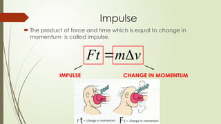 The product of force and time which is equal to change in
momentum is called impulse.
Impulse
v
m
Ft 

IMPULSE CHANGE IN MOMENTUM
 