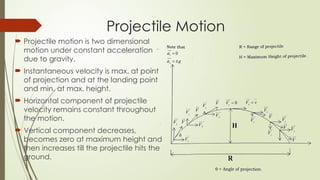 Projectile Motion
 Projectile motion is two dimensional
motion under constant acceleration
due to gravity.
 Instantaneous velocity is max. at point
of projection and at the landing point
and min. at max. height.
 Horizontal component of projectile
velocity remains constant throughout
the motion.
 Vertical component decreases,
becomes zero at maximum height and
then increases till the projectile hits the
ground.
 