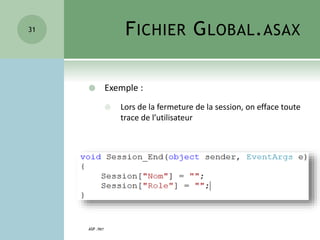 FICHIER GLOBAL.ASAX
 Exemple :
 Lors de la fermeture de la session, on efface toute
trace de l’utilisateur
ASP .NET
31
 