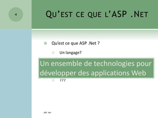 QU’EST CE QUE L’ASP .NET
 Qu’est ce que ASP .Net ?
 Un langage?
 Une technologie?
 Une architecture?
 ???
4
ASP .NET
Un ensemble de technologies pour
développer des applications Web
 
