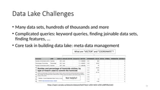 19
Data Lake Challenges
• Many data sets, hundreds of thousands and more
• Complicated queries: keyword queries, finding joinable data sets,
finding features, …
• Core task in building data lake: meta data management
 