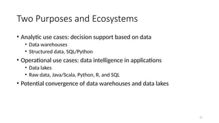 25
Two Purposes and Ecosystems
• Analytic use cases: decision support based on data
• Data warehouses
• Structured data, SQL/Python
• Operational use cases: data intelligence in applications
• Data lakes
• Raw data, Java/Scala, Python, R, and SQL
• Potential convergence of data warehouses and data lakes
 
