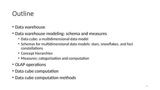 31
Outline
• Data warehouse
• Data warehouse modeling: schema and measures
• Data cube: a multidimensional data model
• Schemas for multidimensional data models: stars, snowflakes, and fact
constellations
• Concept hierarchies
• Measures: categorization and computation
• OLAP operations
• Data cube computation
• Data cube computation methods
 