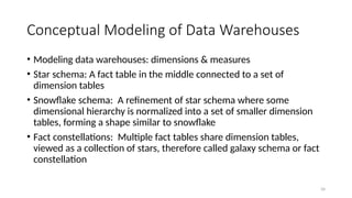 34
Conceptual Modeling of Data Warehouses
• Modeling data warehouses: dimensions & measures
• Star schema: A fact table in the middle connected to a set of
dimension tables
• Snowflake schema: A refinement of star schema where some
dimensional hierarchy is normalized into a set of smaller dimension
tables, forming a shape similar to snowflake
• Fact constellations: Multiple fact tables share dimension tables,
viewed as a collection of stars, therefore called galaxy schema or fact
constellation
 