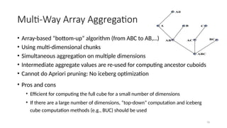 70
Multi-Way Array Aggregation
• Array-based “bottom-up” algorithm (from ABC to AB,…)
• Using multi-dimensional chunks
• Simultaneous aggregation on multiple dimensions
• Intermediate aggregate values are re-used for computing ancestor cuboids
• Cannot do Apriori pruning: No iceberg optimization
• Pros and cons
• Efficient for computing the full cube for a small number of dimensions
• If there are a large number of dimensions, “top-down” computation and iceberg
cube computation methods (e.g., BUC) should be used
ABC
AB
A
All
B
AC BC
C
 