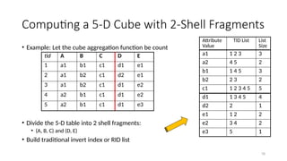 78
Computing a 5-D Cube with 2-Shell Fragments
• Example: Let the cube aggregation function be count
• Divide the 5-D table into 2 shell fragments:
• (A, B, C) and (D, E)
• Build traditional invert index or RID list
tid A B C D E
1 a1 b1 c1 d1 e1
2 a1 b2 c1 d2 e1
3 a1 b2 c1 d1 e2
4 a2 b1 c1 d1 e2
5 a2 b1 c1 d1 e3
Attribute
Value
TID List List
Size
a1 1 2 3 3
a2 4 5 2
b1 1 4 5 3
b2 2 3 2
c1 1 2 3 4 5 5
d1 1 3 4 5 4
d2 2 1
e1 1 2 2
e2 3 4 2
e3 5 1
 