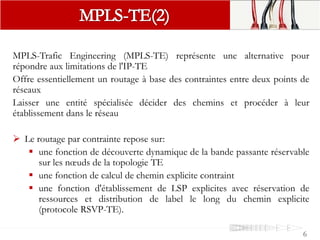 6
MPLS-Trafic Engineering (MPLS-TE) représente une alternative pour
répondre aux limitations de l'IP-TE
Offre essentiellement un routage à base des contraintes entre deux points de
réseaux
Laisser une entité spécialisée décider des chemins et procéder à leur
établissement dans le réseau
 Le routage par contrainte repose sur:
 une fonction de découverte dynamique de la bande passante réservable
sur les nœuds de la topologie TE
 une fonction de calcul de chemin explicite contraint
 une fonction d'établissement de LSP explicites avec réservation de
ressources et distribution de label le long du chemin explicite
(protocole RSVP-TE).
 