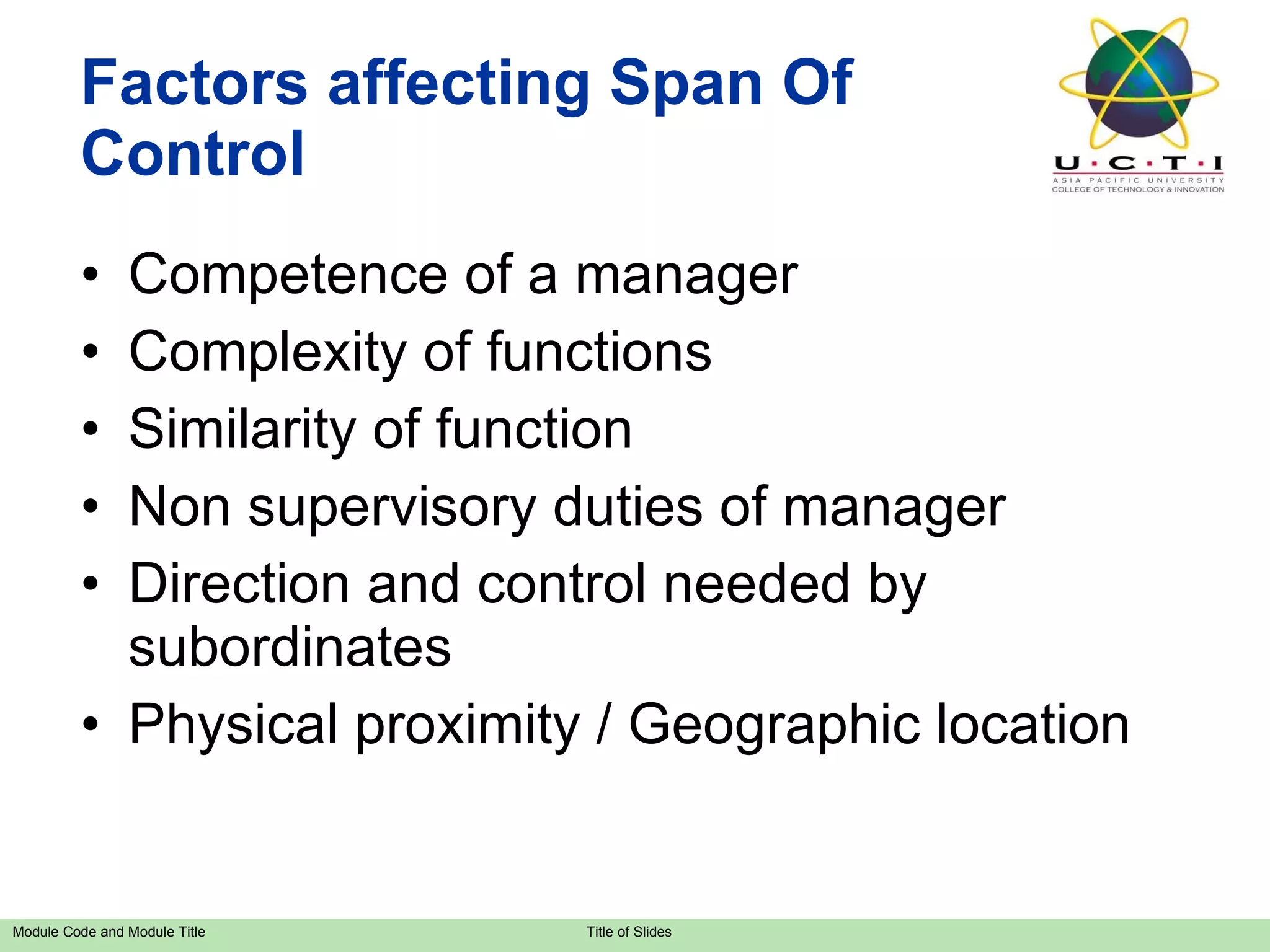 Factors affecting Span Of Control Competence of a manager Complexity of functions Similarity of function Non supervisory duties of manager Direction and control needed by subordinates Physical proximity / Geographic location 