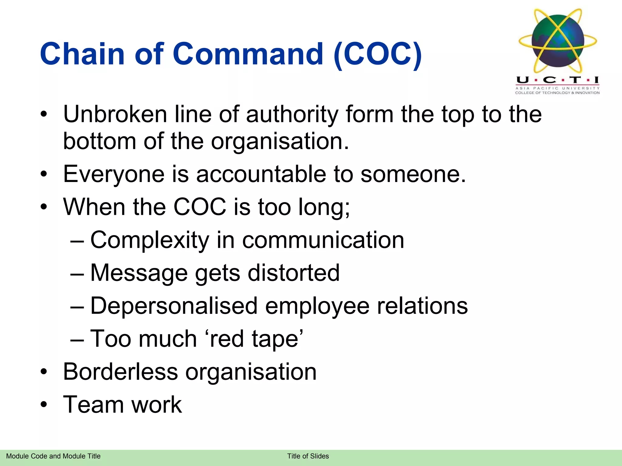 Chain of Command (COC) Unbroken line of authority form the top to the bottom of the organisation. Everyone is accountable to someone. When the COC is too long; Complexity in communication Message gets distorted Depersonalised employee relations Too much ‘red tape’ Borderless organisation Team work 