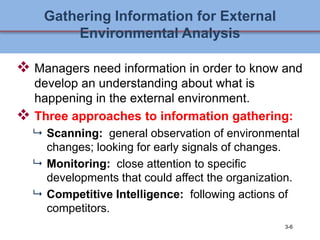 3-6
Gathering Information for External
Environmental Analysis
 Managers need information in order to know and
develop an ...