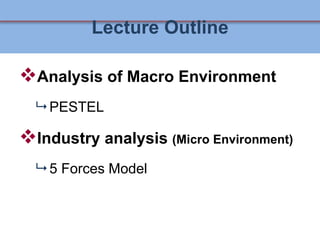 Lecture Outline
Analysis of Macro Environment
 PESTEL
Industry analysis (Micro Environment)
 5 Forces Model
 