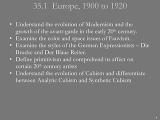 35.1  Europe, 1900 to 1920 Understand the evolution of Modernism and the growth of the avant-garde in the early 20 th  century. Examine the color and space issues of Fauvism.  Examine the styles of the German Expressionists – Die Brucke and Der Blaue Reiter. Define primitivism and comprehend its affect on certain 20 th  century artists Understand the evolution of Cubism and differentiate between Analytic Cubism and Synthetic Cubism 