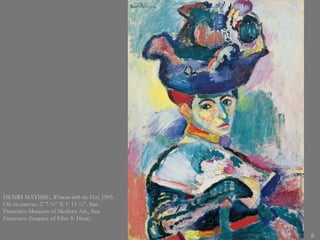 HENRI MATISSE,  Woman with the Hat , 1905. Oil on canvas, 2’ 7 ¾” X 1’ 11 ½”. San Francisco Museum of Modern Art., San Francisco (bequest of Elise S. Haas).  