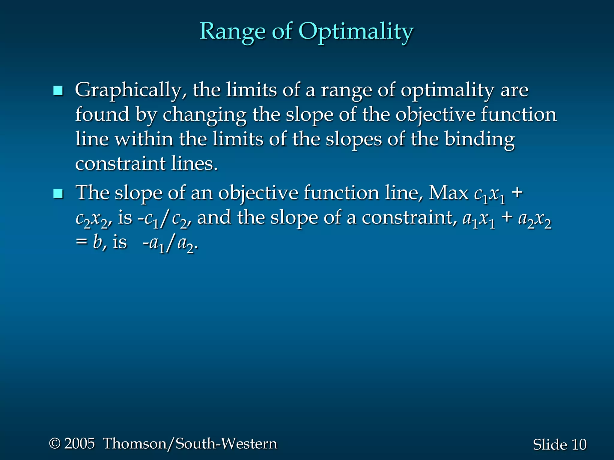 Range of Optimality

   Graphically, the limits of a range of optimality are
    found by changing the slope of the objective function
    line within the limits of the slopes of the binding
    constraint lines.
   The slope of an objective function line, Max c1x1 +
    c2x2, is -c1/c2, and the slope of a constraint, a1x1 + a2x2
    = b, is -a1/a2.




© 2005 Thomson/South-Western                                Slide 10
 