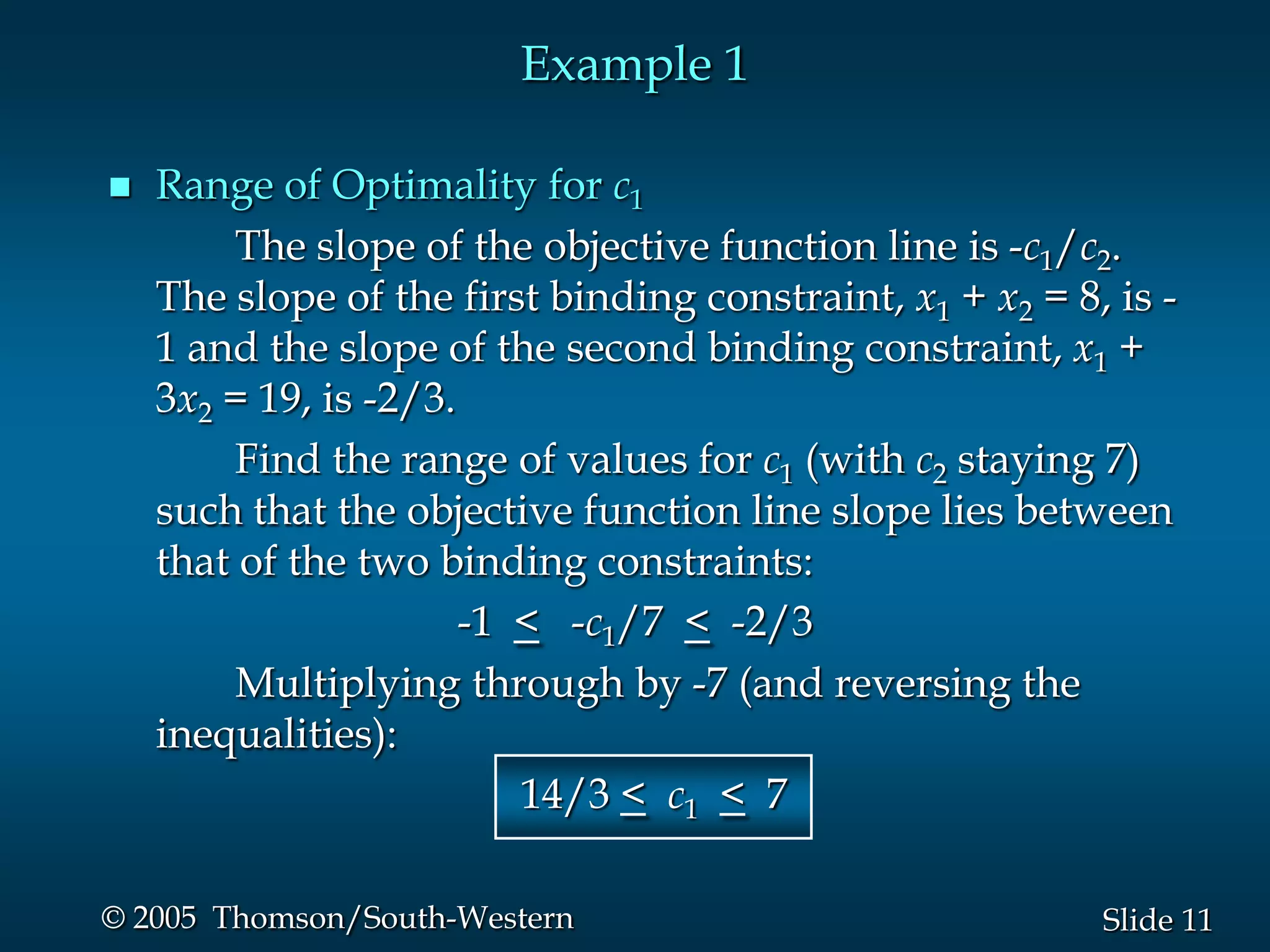 Example 1

   Range of Optimality for c1
         The slope of the objective function line is -c1/c2.
    The slope of the first binding constraint, x1 + x2 = 8, is -
    1 and the slope of the second binding constraint, x1 +
    3x2 = 19, is -2/3.
         Find the range of values for c1 (with c2 staying 7)
    such that the objective function line slope lies between
    that of the two binding constraints:
                       -1 < -c1/7 < -2/3
         Multiplying through by -7 (and reversing the
    inequalities):
                          14/3 < c1 < 7

© 2005 Thomson/South-Western                               Slide 11
 