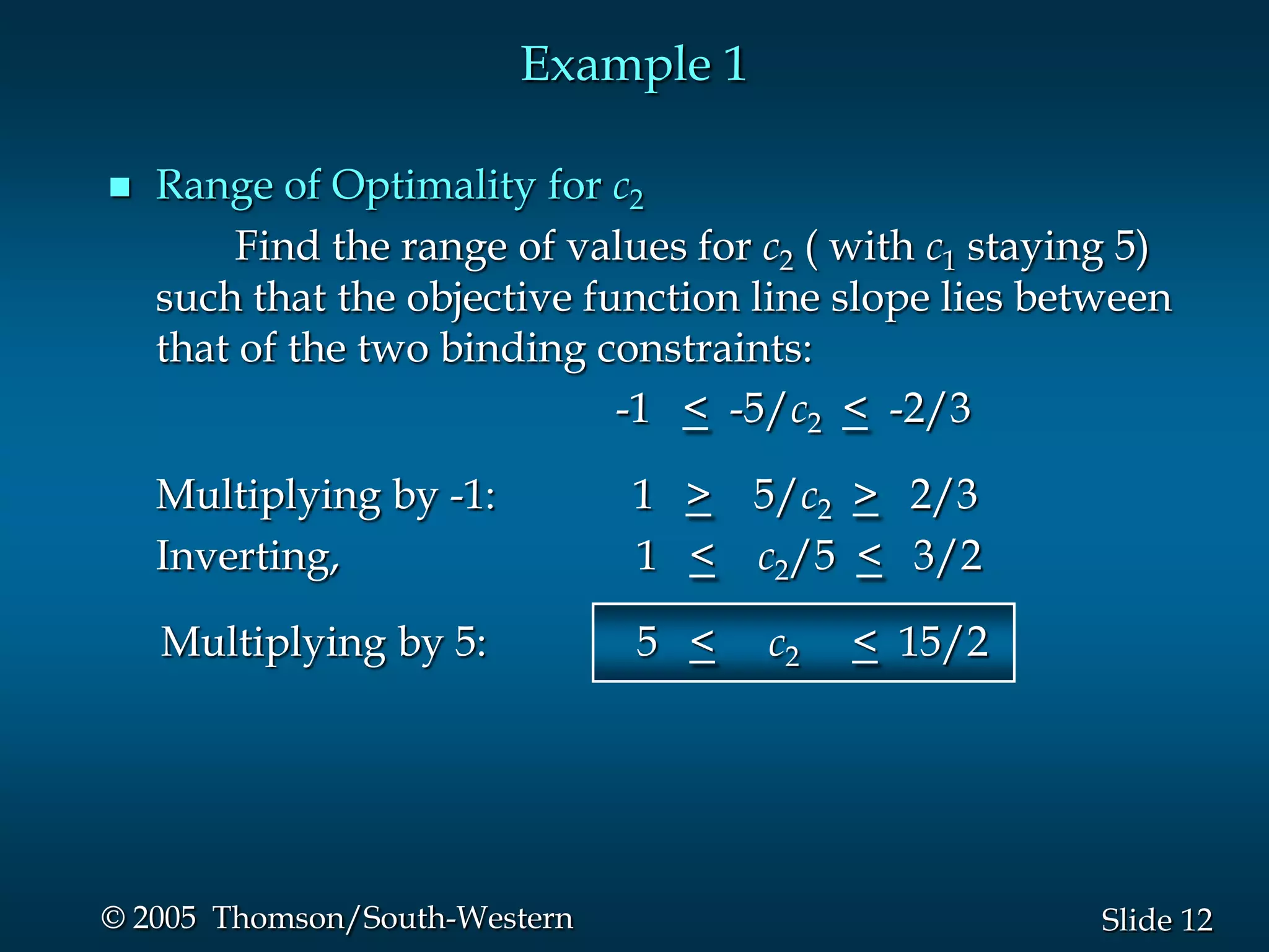 Example 1

   Range of Optimality for c2
         Find the range of values for c2 ( with c1 staying 5)
    such that the objective function line slope lies between
    that of the two binding constraints:
                              -1 < -5/c2 < -2/3

    Multiplying by -1:         1 > 5/c2 > 2/3
    Inverting,                 1 < c2/5 < 3/2

    Multiplying by 5:          5 <    c2   < 15/2




© 2005 Thomson/South-Western                             Slide 12
 