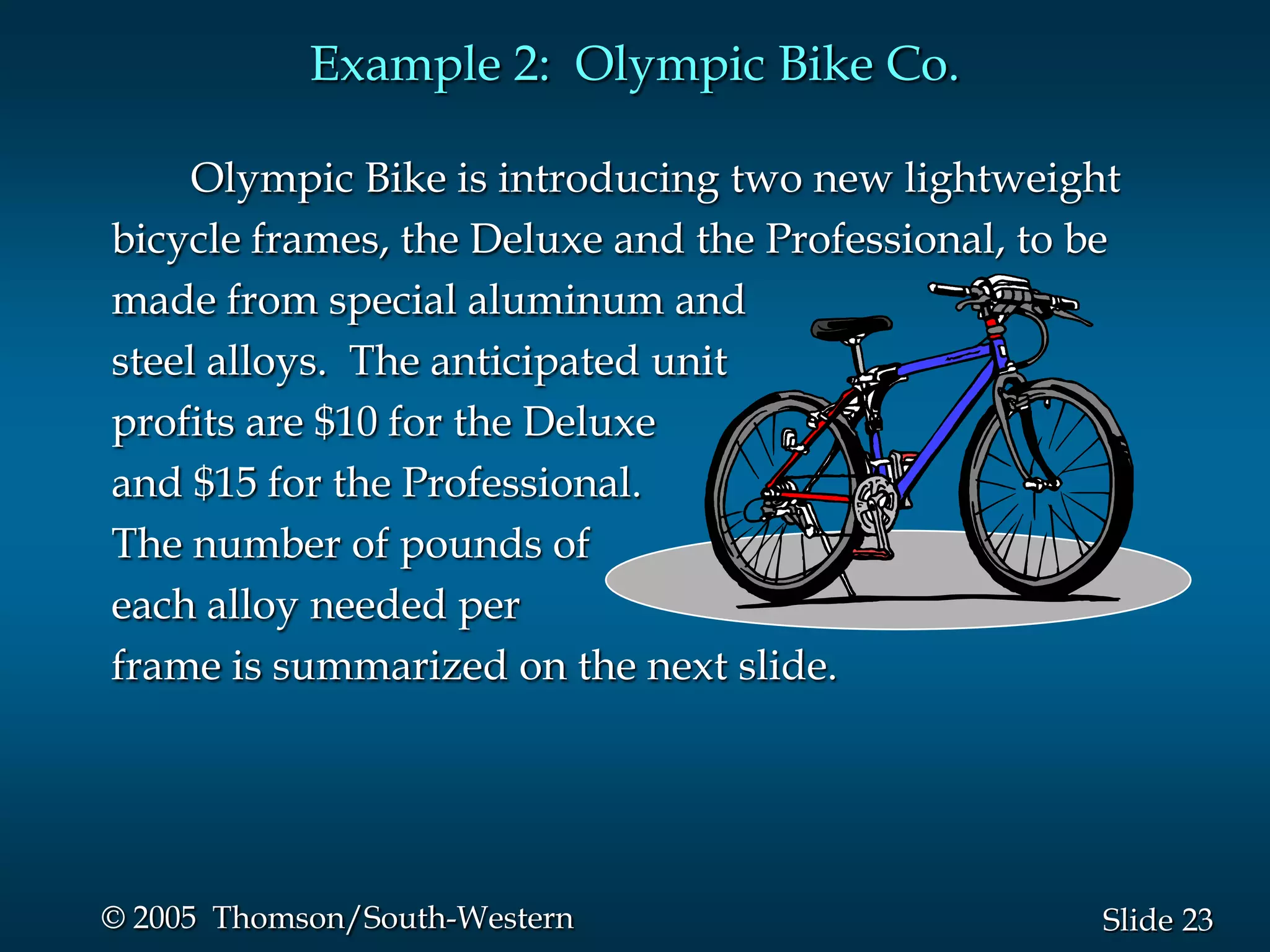 Example 2: Olympic Bike Co.

     Olympic Bike is introducing two new lightweight
bicycle frames, the Deluxe and the Professional, to be
made from special aluminum and
steel alloys. The anticipated unit
profits are $10 for the Deluxe
and $15 for the Professional.
The number of pounds of
each alloy needed per
frame is summarized on the next slide.




© 2005 Thomson/South-Western                         Slide 23
 