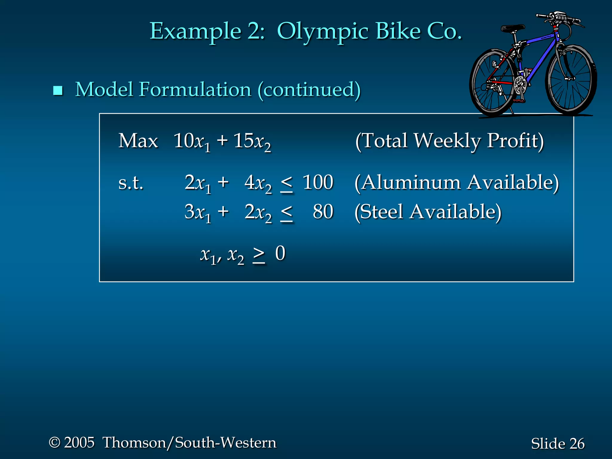 Example 2: Olympic Bike Co.

   Model Formulation (continued)

        Max 10x1 + 15x2           (Total Weekly Profit)

        s.t.      2x1 + 4x2 < 100 (Aluminum Available)
                  3x1 + 2x2 < 80 (Steel Available)

                   x1, x2 > 0




© 2005 Thomson/South-Western                         Slide 26
 
