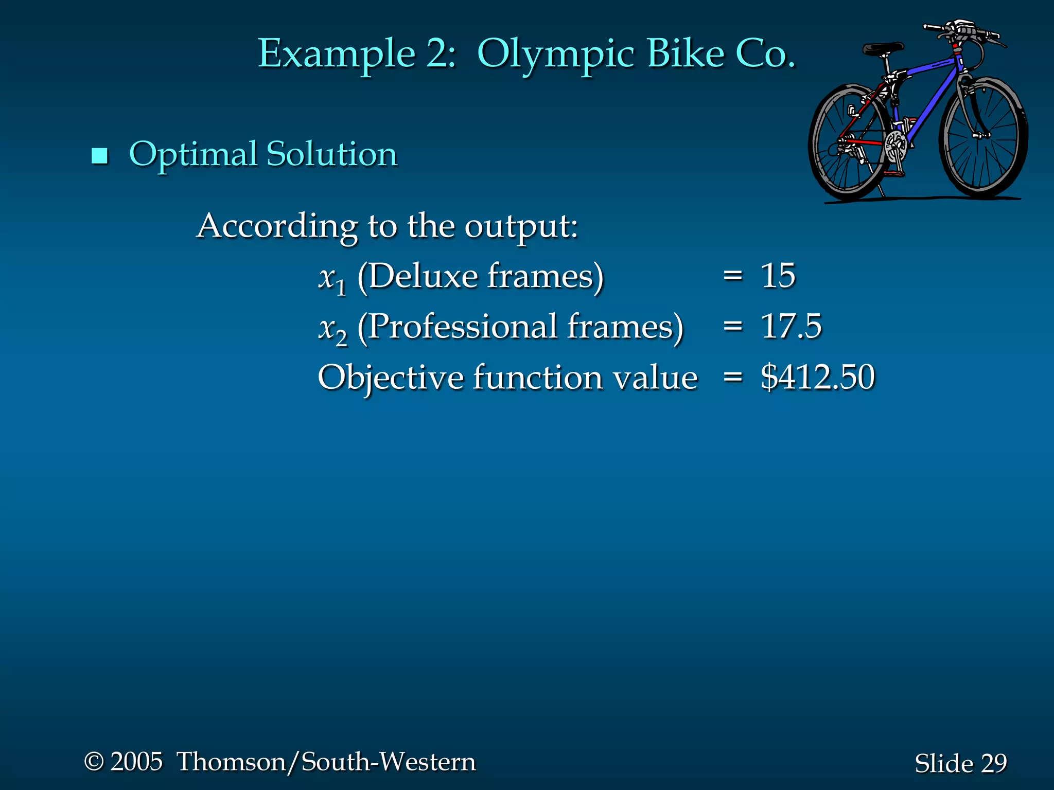 Example 2: Olympic Bike Co.

   Optimal Solution

       According to the output:
              x1 (Deluxe frames)       = 15
              x2 (Professional frames) = 17.5
              Objective function value = $412.50




© 2005 Thomson/South-Western                       Slide 29
 
