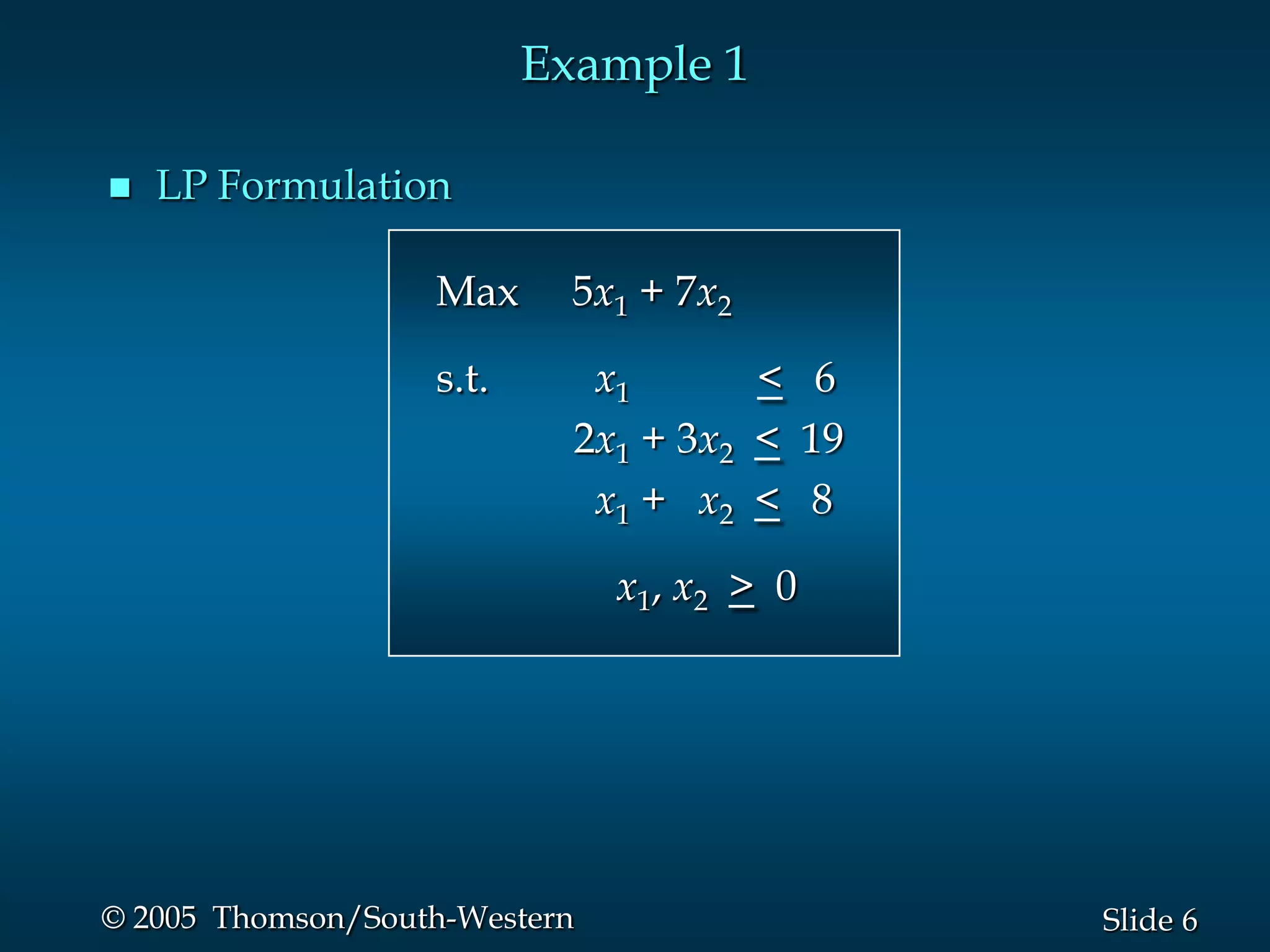 Example 1

   LP Formulation

                   Max      5x1 + 7x2

                   s.t.      x1       < 6
                            2x1 + 3x2 < 19
                             x1 + x2 < 8

                               x1, x2 > 0




© 2005 Thomson/South-Western                 Slide 6
 