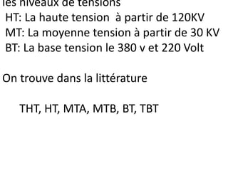 les niveaux de tensions
HT: La haute tension à partir de 120KV
MT: La moyenne tension à partir de 30 KV
BT: La base tension le 380 v et 220 Volt
On trouve dans la littérature
THT, HT, MTA, MTB, BT, TBT
 
