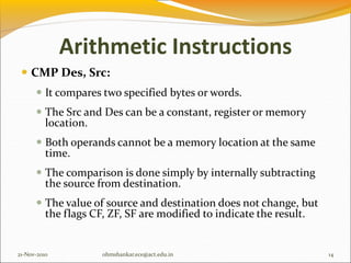 Arithmetic Instructions
 CMP Des, Src:
 It compares two specified bytes or words.
 The Src and Des can be a constant, register or memory
location.
 Both operands cannot be a memory location at the same
time.
 The comparison is done simply by internally subtracting
the source from destination.
 The value of source and destination does not change, but
the flags CF, ZF, SF are modified to indicate the result.
21-Nov-2010 14
ohmshankar.ece@act.edu.in
 