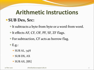 Arithmetic Instructions
SUB Des, Src:
 It subtracts a byte from byte or a word from word.
 It effects AF, CF, OF, PF, SF, ZF flags.
 For subtraction, CF acts as borrow flag.
 E.g.:
 SUB AL, 74H
 SUB DX, AX
 SUB AX, [BX]
21-Nov-2010 7
ohmshankar.ece@act.edu.in
 