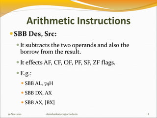 Arithmetic Instructions
SBB Des, Src:
It subtracts the two operands and also the
borrow from the result.
It effects AF, CF, OF, PF, SF, ZF flags.
E.g.:
 SBB AL, 74H
 SBB DX, AX
 SBB AX, [BX]
21-Nov-2010 8
ohmshankar.ece@act.edu.in
 