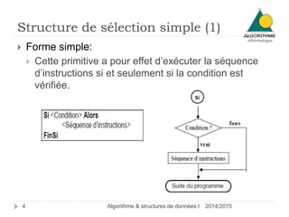 Structure de sélection simple (1)
2014/2015Algorithme & structures de données I4
 Forme simple:
 Cette primitive a pour effet d’exécuter la séquence
d’instructions si et seulement si la condition est
vérifiée.
 