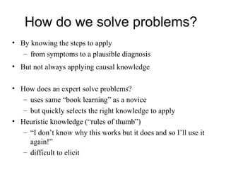 How do we solve problems?
• By knowing the steps to apply
– from symptoms to a plausible diagnosis
• But not always applying causal knowledge
• How does an expert solve problems?
– uses same “book learning” as a novice
– but quickly selects the right knowledge to apply
• Heuristic knowledge (“rules of thumb”)
– “I don’t know why this works but it does and so I’ll use it
again!”
– difficult to elicit
 