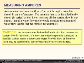 MEASURING AMPERES An ammeter measures the flow of current through a complete circuit in units of amperes. The ammeter has to be installed in the circuit (in series) so that it can measure all the current flow in that circuit, just as a water flow meter would measure the amount of water flow (cubic feet per minute, for example). Continued CAUTION:   An ammeter must be installed in the circuit to measure the current flow in the circuit. If a meter set to read amperes is connected in parallel, such as across a battery, the meter fuse will blow or the meter itself may be destroyed by the current available across the battery. 