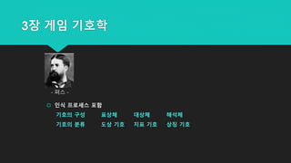 3장 게임 기호학
 인식 프로세스 포함
기호의 구성 표상체 대상체 해석체
기호의 분류 도상 기호 지표 기호 상징 기호
- 퍼스 -
 