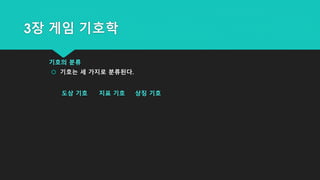 3장 게임 기호학
기호의 분류
 기호는 세 가지로 분류된다.
도상 기호 지표 기호 상징 기호
 
