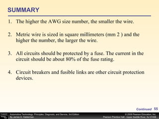 SUMMARY The higher the AWG size number, the smaller the wire. Metric wire is sized in square millimeters (mm 2 ) and the higher the number, the larger the wire. All circuits should be protected by a fuse. The current in the circuit should be about 80% of the fuse rating. Circuit breakers and fusible links are other circuit protection devices. Continued 