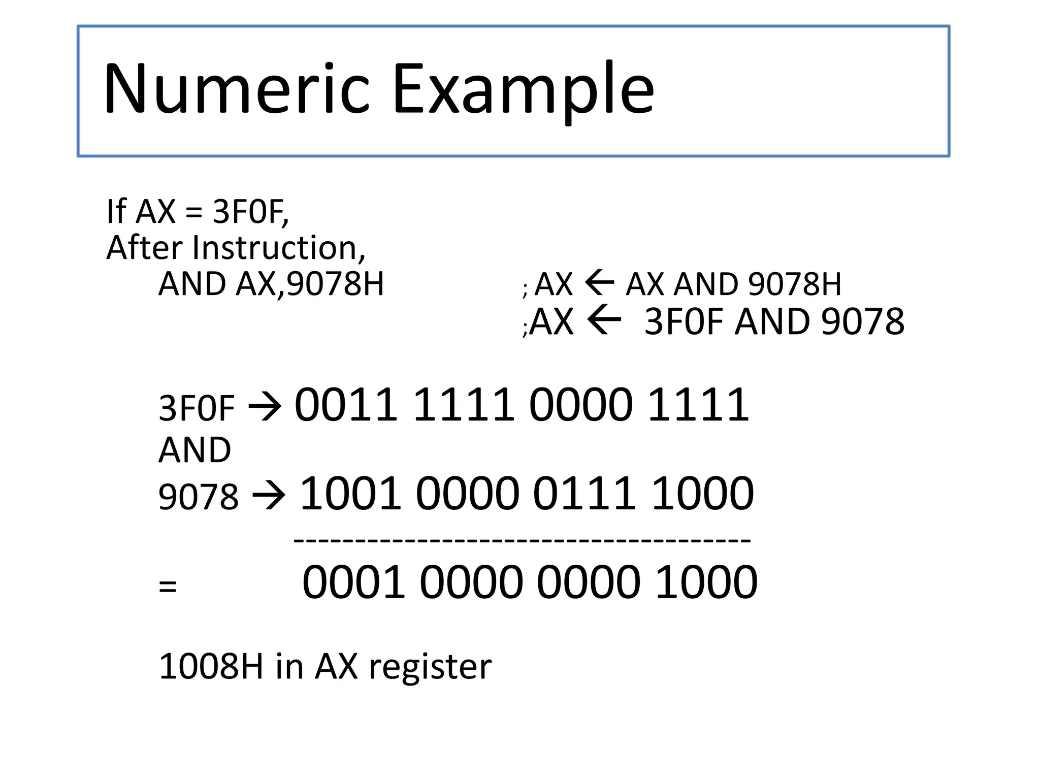 Numeric Example
If AX = 3F0F,
After Instruction,
AND AX,9078H ; AX  AX AND 9078H
;AX  3F0F AND 9078
3F0F  0011 1111 0000 1111
AND
9078  1001 0000 0111 1000
-------------------------------------
= 0001 0000 0000 1000
1008H in AX register
 