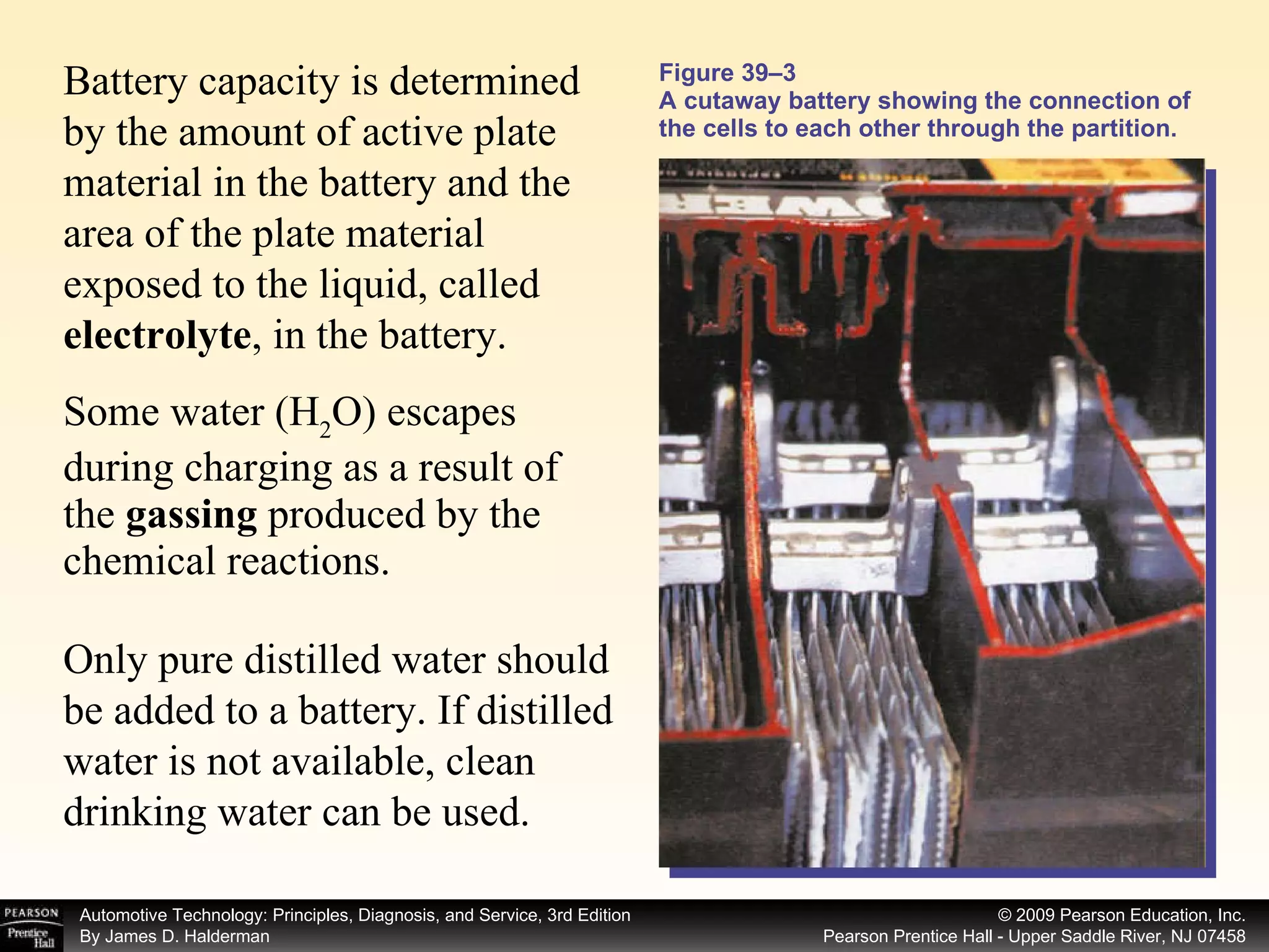 Figure 39–3 A cutaway battery showing the connection of the cells to each other through the partition. Some water (H 2 O) escapes during charging as a result of the  gassing  produced by the chemical reactions.  Battery capacity is determined by the amount of active plate material in the battery and the area of the plate material exposed to the liquid, called  electrolyte , in the battery. Only pure distilled water should be added to a battery. If distilled water is not available, clean drinking water can be used. 