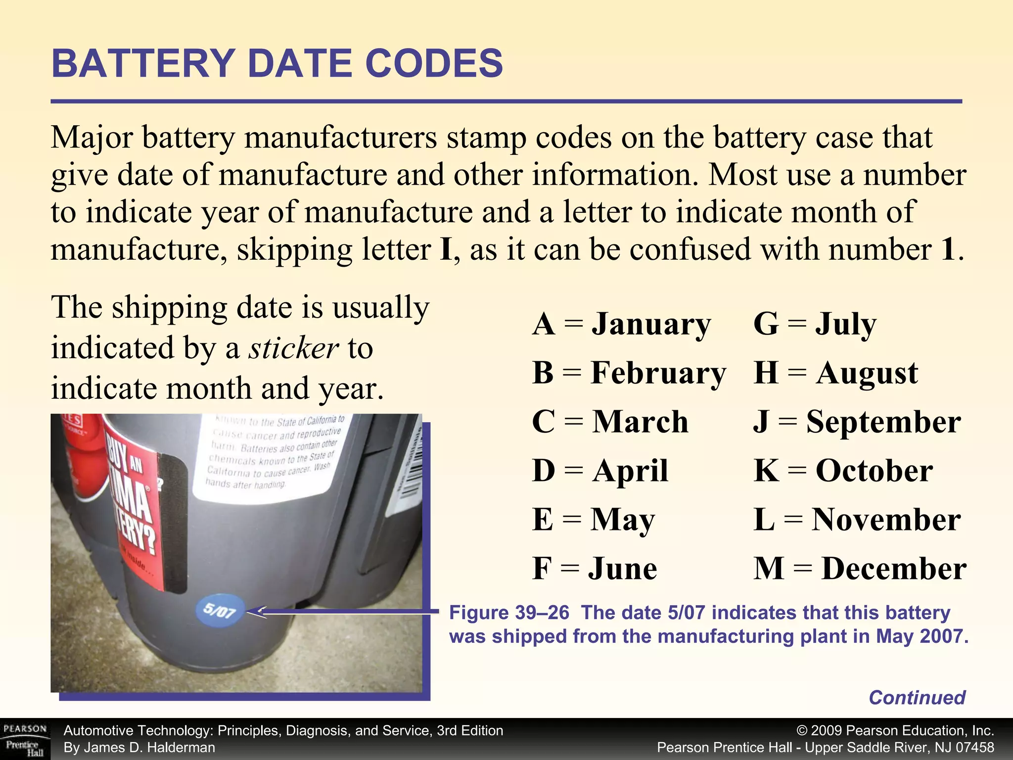 BATTERY DATE CODES Major battery manufacturers stamp codes on the battery case that give date of manufacture and other information. Most use a number to indicate year of manufacture and a letter to indicate month of manufacture, skipping letter  I , as it can be confused with number  1 .  Continued G  =  July H  =  August J  =  September K  =  October L  =  November M  =  December  A  =  January B  =  February C  =  March D  =  April E  =  May F  =  June Figure 39–26  The date 5/07 indicates that this battery was shipped from the manufacturing plant in May 2007. The shipping date is usually indicated by a  sticker  to indicate month and year.  