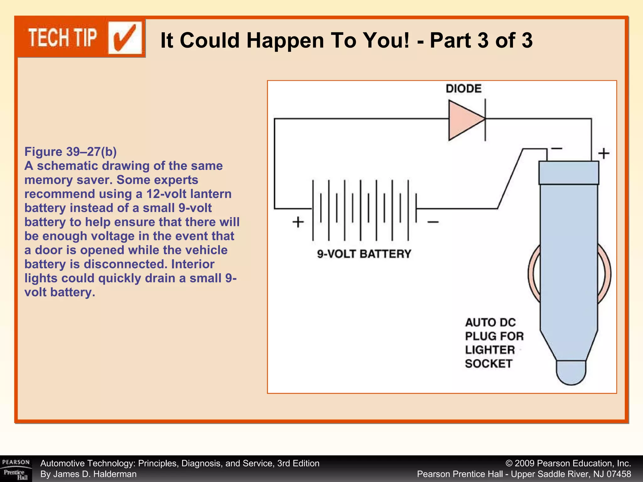 Figure 39–27(b) A schematic drawing of the same memory saver. Some experts recommend using a 12-volt lantern battery instead of a small 9-volt battery to help ensure that there will be enough voltage in the event that a door is opened while the vehicle battery is disconnected. Interior lights could quickly drain a small 9-volt battery. It Could Happen To You! - Part 3 of 3 
