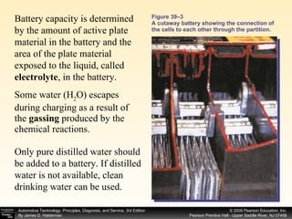 Figure 39–3 A cutaway battery showing the connection of the cells to each other through the partition. Some water (H 2 O) escapes during charging as a result of the  gassing  produced by the chemical reactions.  Battery capacity is determined by the amount of active plate material in the battery and the area of the plate material exposed to the liquid, called  electrolyte , in the battery. Only pure distilled water should be added to a battery. If distilled water is not available, clean drinking water can be used. 