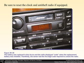 Figure 39–30 The battery was replaced in this Acura and the radio displayed “code” when the replacement battery was installed. Thankfully, the owner had the five-digit code required to unlock the radio. Be sure to reset the clock and antitheft radio if equipped.  
