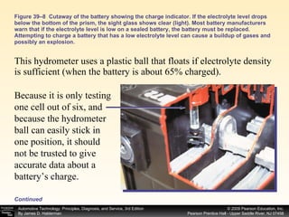 Figure 39–8  Cutaway of the battery showing the charge indicator. If the electrolyte level drops below the bottom of the prism, the sight glass shows clear (light). Most battery manufacturers warn that if the electrolyte level is low on a sealed battery, the battery must be replaced. Attempting to charge a battery that has a low electrolyte level can cause a buildup of gases and possibly an explosion. This hydrometer uses a plastic ball that floats if electrolyte density is sufficient (when the battery is about 65% charged). Because it is only testing one cell out of six, and because the hydrometer ball can easily stick in one position, it should not be trusted to give accurate data about a battery’s charge. Continued 