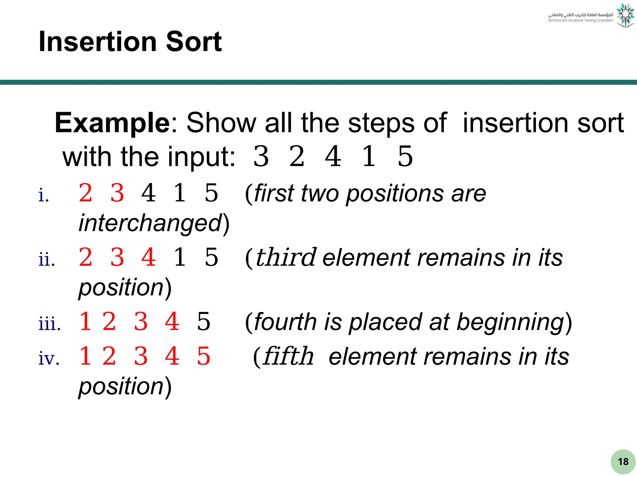18
Insertion Sort
Example: Show all the steps of insertion sort
with the input: 3 2 4 1 5
i. 2 3 4 1 5 (first two positions are
interchanged)
ii. 2 3 4 1 5 (third element remains in its
position)
iii. 1 2 3 4 5 (fourth is placed at beginning)
iv. 1 2 3 4 5 (fifth element remains in its
position)
 
