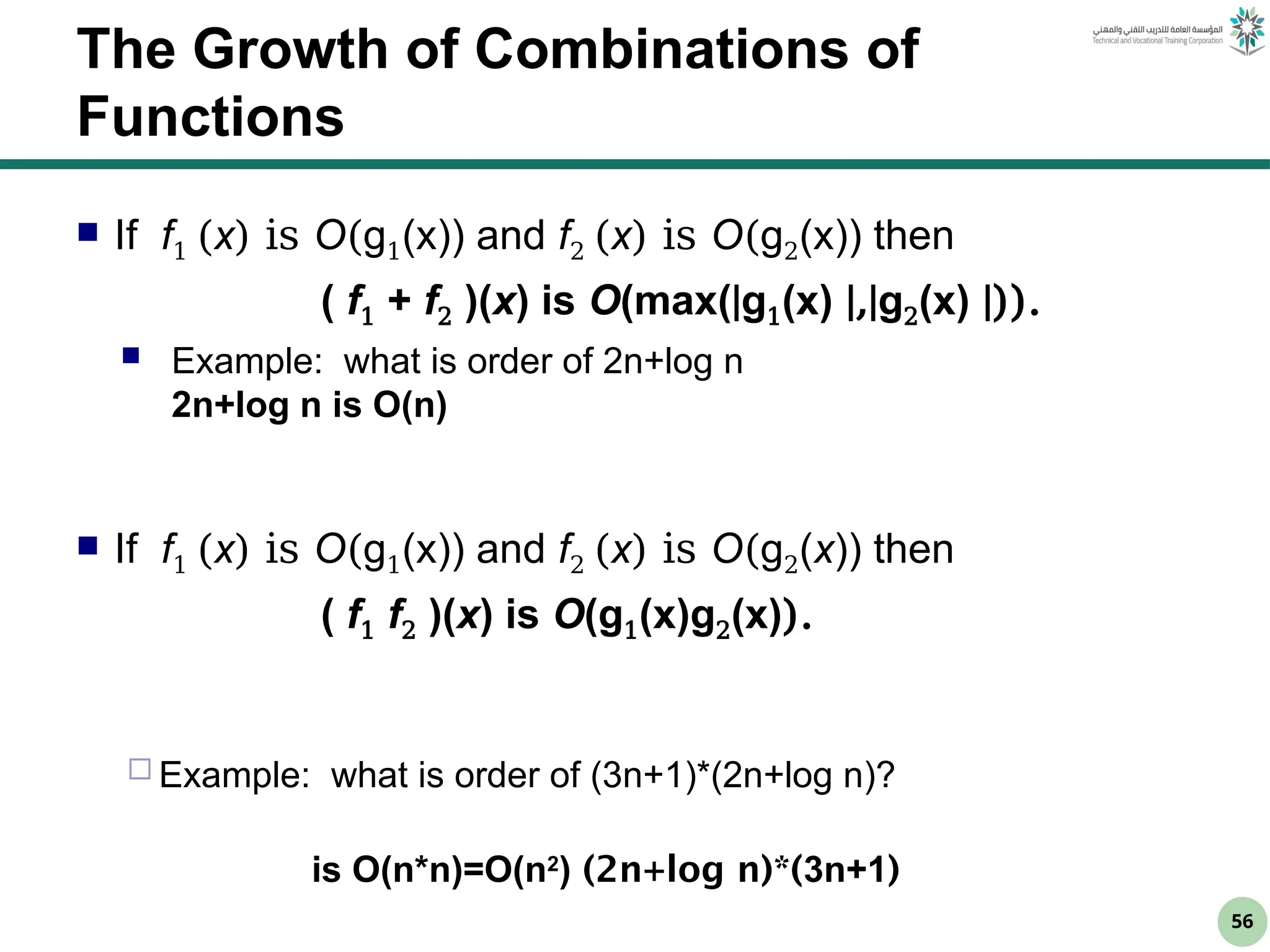 56
The Growth of Combinations of
Functions
 If f1 (x) is O(g1(x)) and f2 (x) is O(g2(x)) then
( f1 + f2 )(x) is O(max(|g1(x) |,|g2(x) |)).
 Example: what is order of 2n+log n
2n+log n is O(n)
 If f1 (x) is O(g1(x)) and f2 (x) is O(g2(x)) then
( f1 f2 )(x) is O(g1(x)g2(x)).
 Example: what is order of (3n+1)*(2n+log n)?
(
3n+1
(*)
2n+log n
)
is O(n*n)=O(n2
)
 